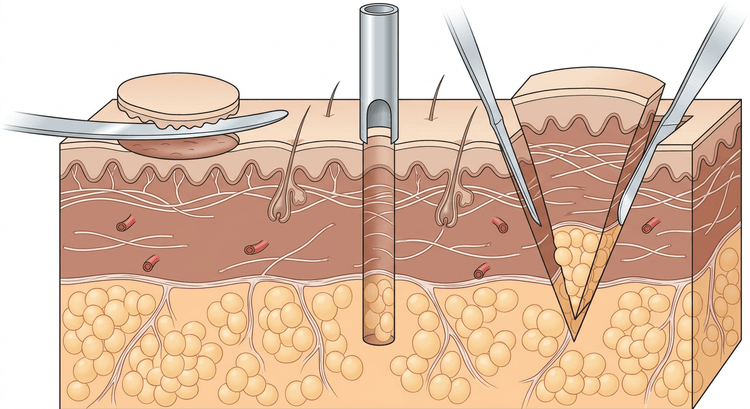 Coupe de peau montrant côte à côte la biopsie par rasage, le punch et la biopsie-exérèse, avec leurs profondeurs respectives dans l'épiderme, le derme et l'hypoderme