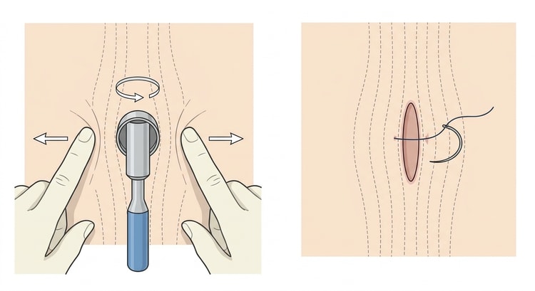 Deux vues de la technique du punch : la peau est tendue perpendiculairement aux lignes de tension pendant la rotation du punch, puis la perte de substance ovalaire obtenue au relâchement