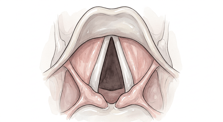 Vue laryngoscopique de l'orifice laryngé avec l'épiglotte en haut, les cordes vocales blanches encadrant l'orifice glottique triangulaire et les cartilages aryténoïdes en bas