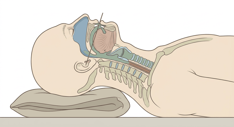 Coupe sagittale de la tête et du cou chez un patient en décubitus dorsal, coussin sous l'occiput, cou fléchi et tête en extension sur les articulations occipito-cervicales