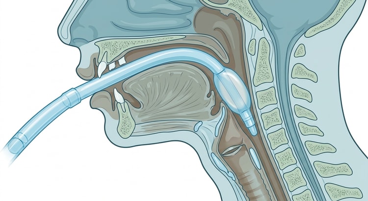 Coupe sagittale de la tête et du cou avec un masque laryngé en place, la collerette dans l'hypopharynx et l'orifice du masque dirigé vers l'orifice laryngé