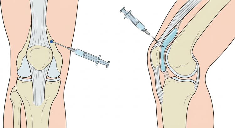 Genou de face avec le point de ponction à l'angle supéro-latéral de la rotule, et coupe sagittale montrant l'extrémité de l'aiguille dans le cul-de-sac rempli de liquide au-dessus de la rotule
