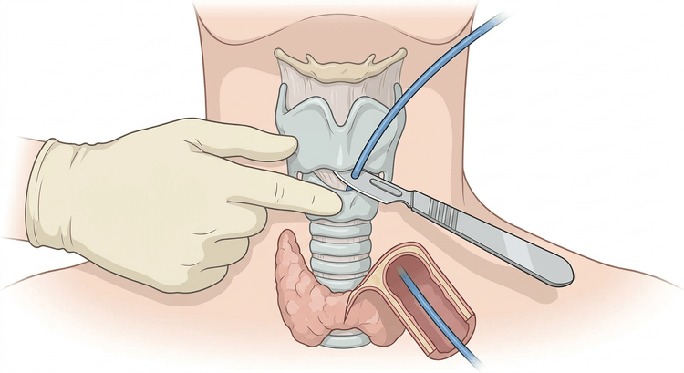 Face antérieure du cou avec le larynx maintenu par une main, un bistouri introduit à travers la membrane cricothyroïdienne et une bougie descendant dans la trachée