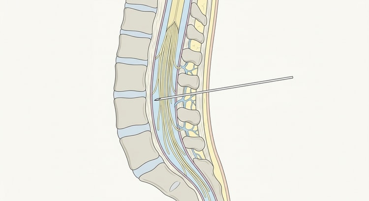 Coupe sagittale du rachis lombaire avec l'aiguille à ponction lombaire introduite entre deux processus épineux et son extrémité dans l'espace sous-arachnoïdien parmi les racines de la queue de cheval