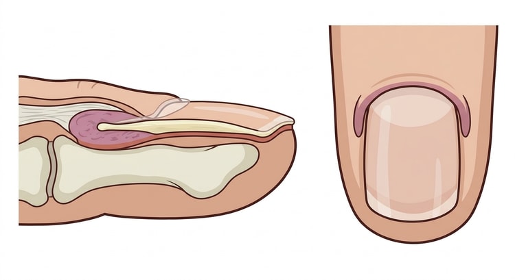 L'appareil unguéal en coupe longitudinale à côté du même ongle vu de dessus, avec la matrice en arrière sous le repli et les cornes matricielles dans les angles proximaux