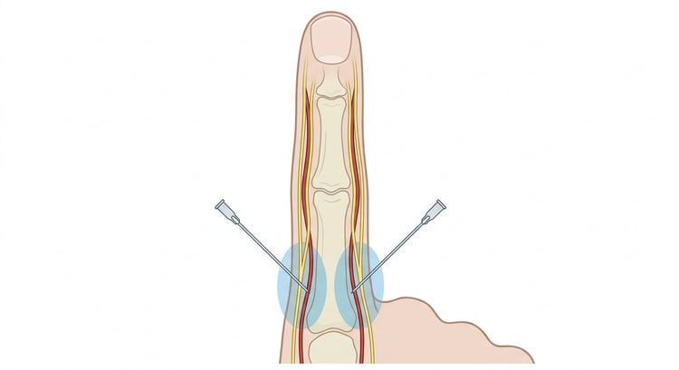 Doigt vu par la face dorsale avec deux aiguilles introduites de part et d'autre de la base de la phalange proximale et des zones de diffusion autour des paquets nerveux palmaires