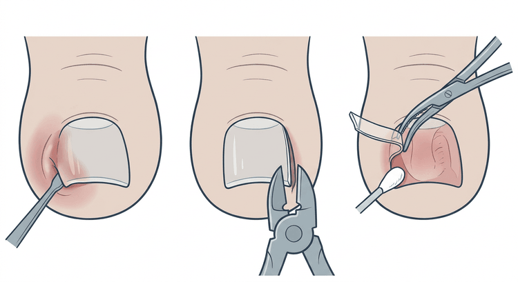 Trois images d'une avulsion partielle de l'ongle du gros orteil : rugine sous le bord unguéal, coupe-ongle sectionnant longitudinalement, et fragment détaché que l'on tourne pendant qu'un coton-tige est porté vers la corne matricielle