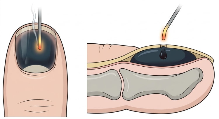Pulpe du doigt avec un hématome sous-unguéal sombre et une pointe de cautère au centre de l'ongle, et une coupe montrant le trou traversant la tablette et le sang qui s'évacue