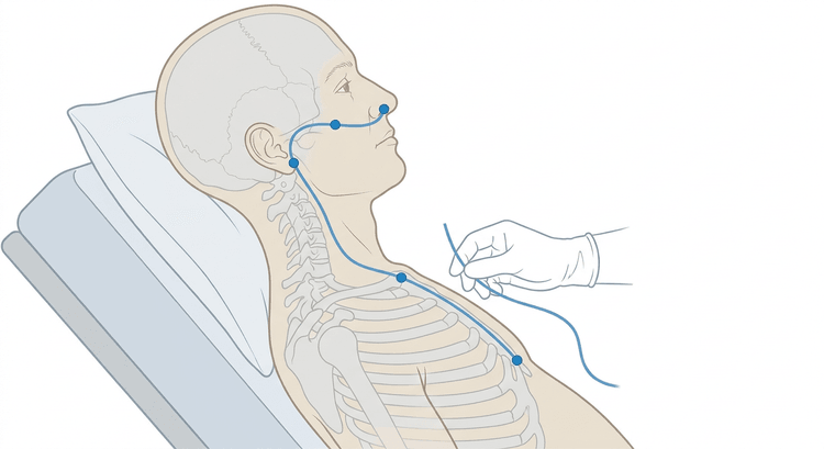Patient demi-assis de profil, la sonde étant mesurée de la pointe du nez au lobe de l'oreille puis jusqu'à l'appendice xiphoïde