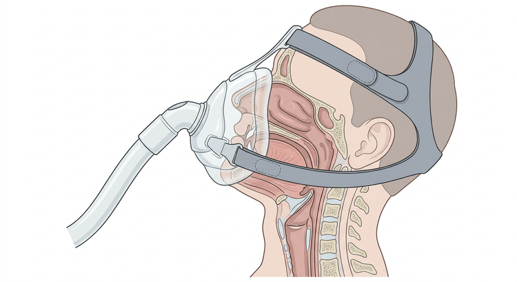 Coupe sagittale de la tête et du cou avec un masque de VNI orofacial étanche recouvrant le nez et la bouche, maintenu par un harnais, et les voies aériennes supérieures visibles en coupe