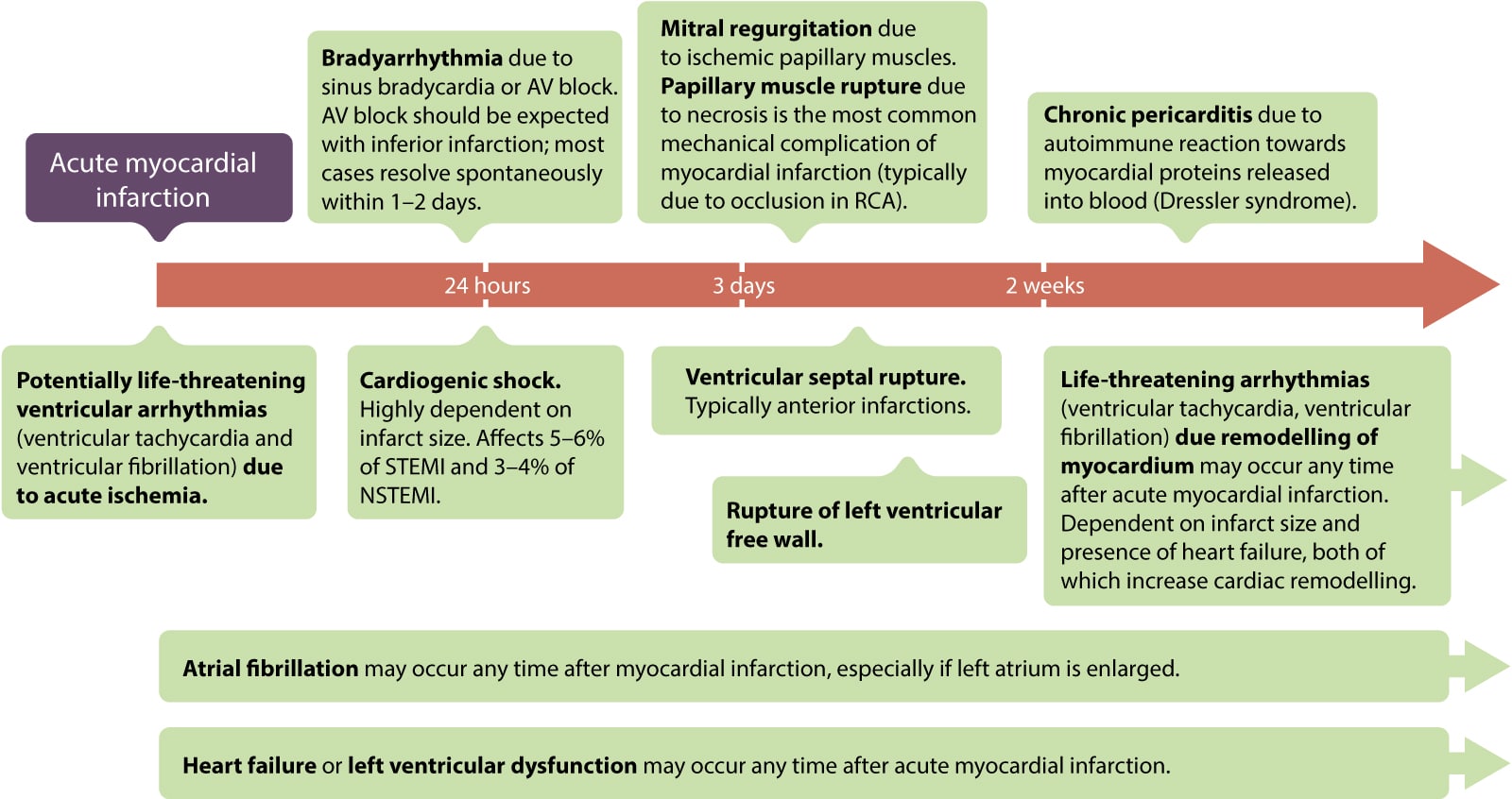 Figure 3. Complications aiguës, subaiguës et à long terme de l’infarctus aigu du myocarde (STEMI) et de l’infarctus du myocarde en général. ACD = artère coronaire droite. Adapté de GW Reed et al, The Lancet (2017).