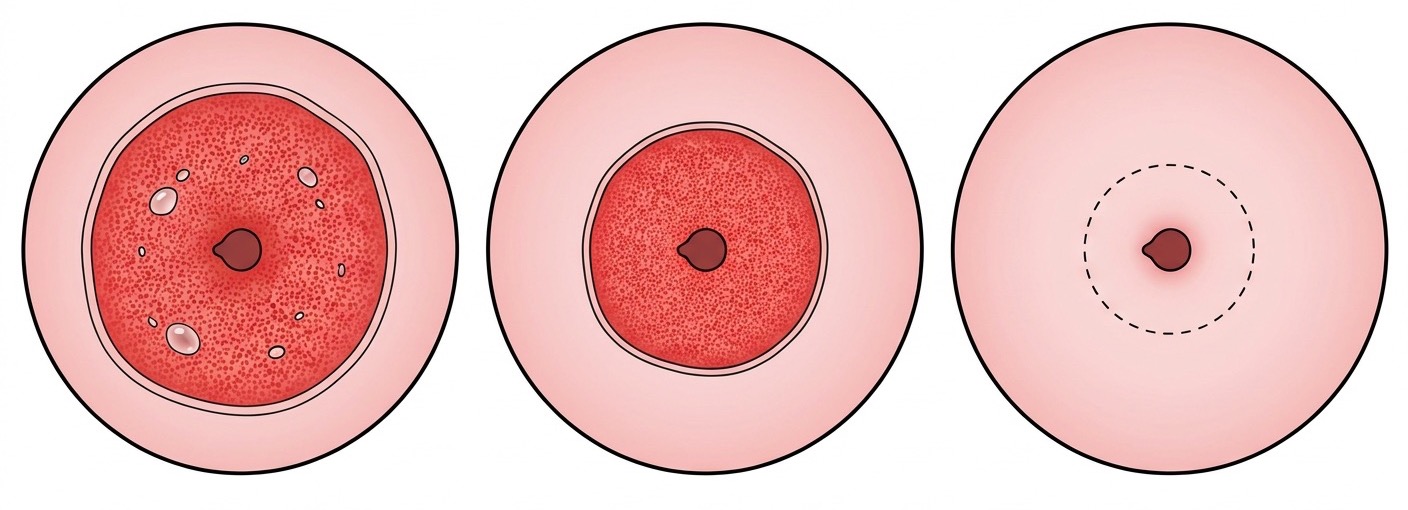 Trois images du col vu de face où la limite entre épithélium malpighien et épithélium cylindrique se rapproche de l'orifice du canal cervical avec l'âge