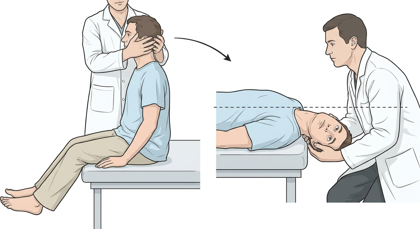 Deux vignettes montrant le test de Dix-Hallpike : le patient assis avec la tête tournée de 45 degrés, puis allongé sur le dos avec la tête pendant au-delà du bord de la table